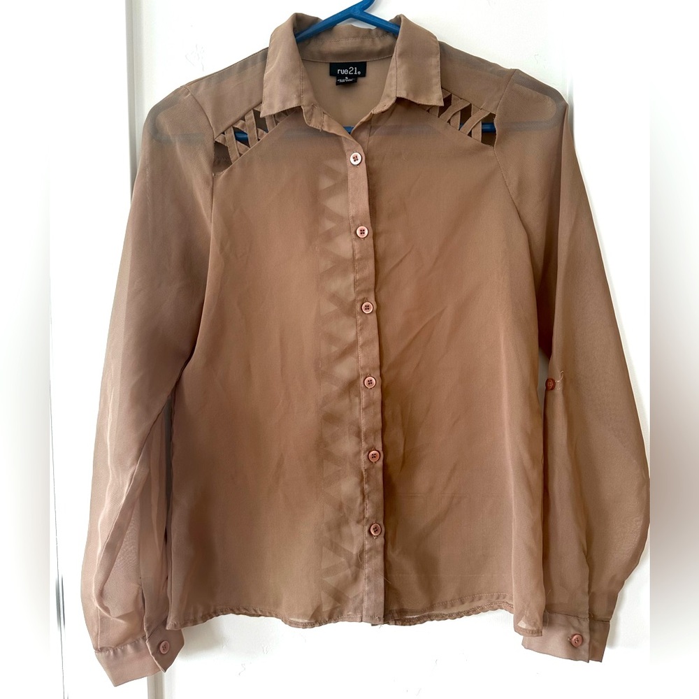 Adorable, women’s size, small, rue 21 sheer blouse with peekaboo cut outs.
